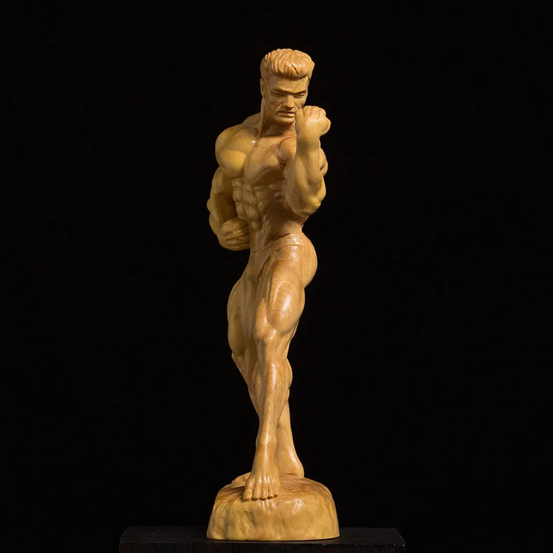 Boxwood Wood Carving Living Room Decoration Figures Sculpture Crafts Bodybuilding Muscle Male Statue Home Decor