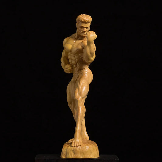 Boxwood Wood Carving Living Room Decoration Figures Sculpture Crafts Bodybuilding Muscle Male Statue Home Decor