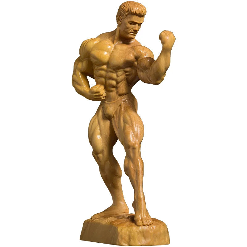 Boxwood Wood Carving Living Room Decoration Figures Sculpture Crafts Bodybuilding Muscle Male Statue Home Decor