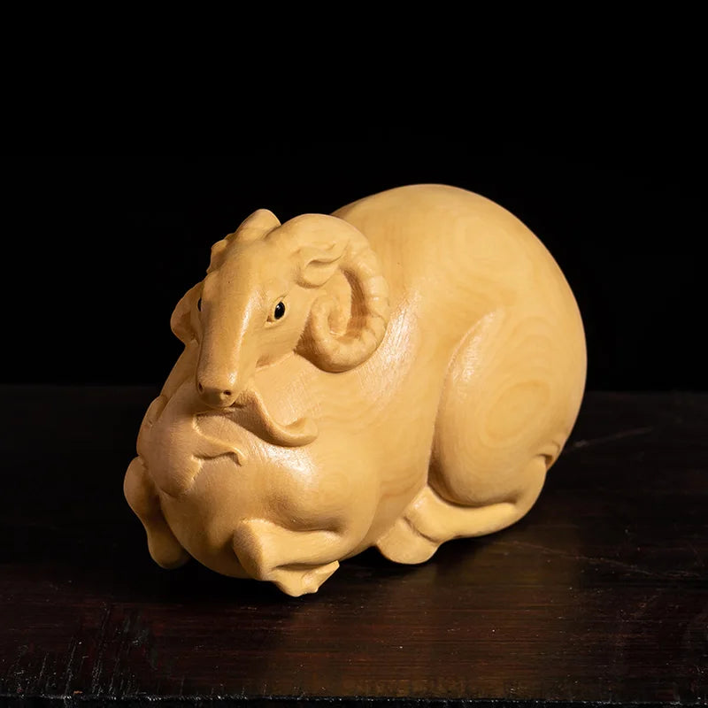 Boxwood Wood Statue Real Wood Wood Sculpture Chinese Zodiac FengShui Traditional Chinese Animal Sculpture sheep Lucky Home Décor