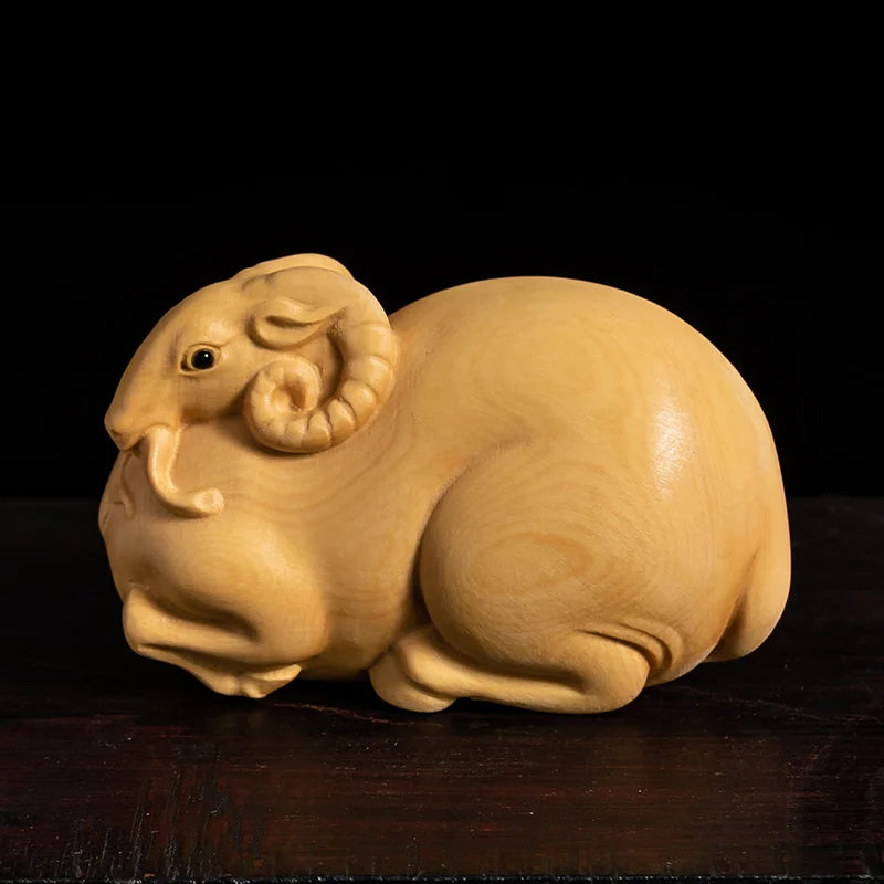 Boxwood Wood Statue Real Wood Wood Sculpture Chinese Zodiac FengShui Traditional Chinese Animal Sculpture sheep Lucky Home Décor