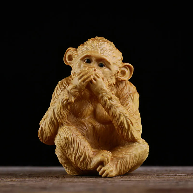 Boxwood Woodcarving Creative Ornaments, Monkey Model Statue, Monkey Wooden Crafts, Office Decoration Gift, A035, 6.8cm