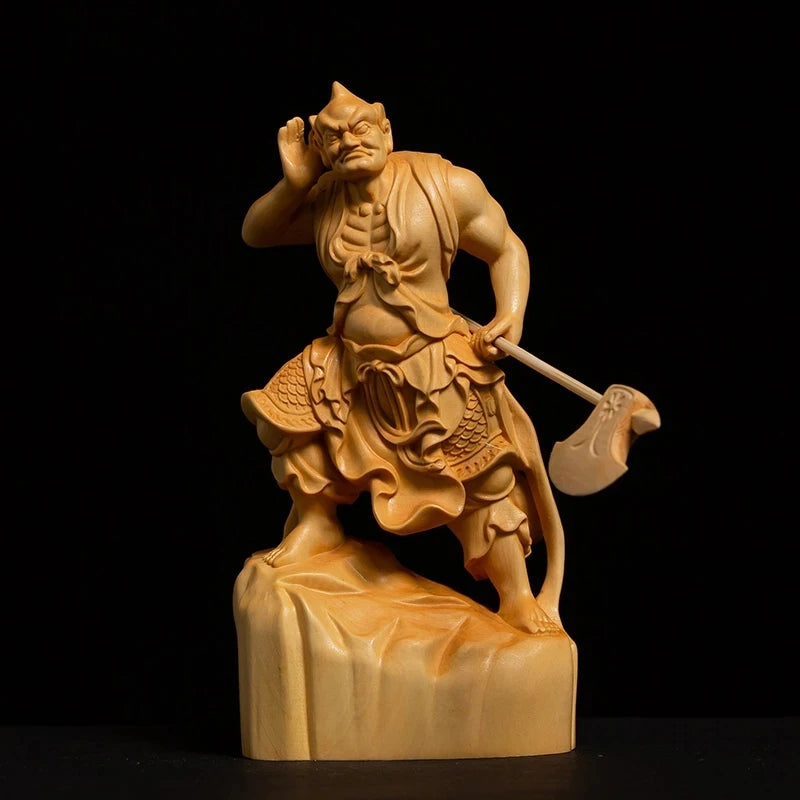 Boxwood carved door god sculpture, two fer-potency Buddha statue, giant guardians, home decoration, sh