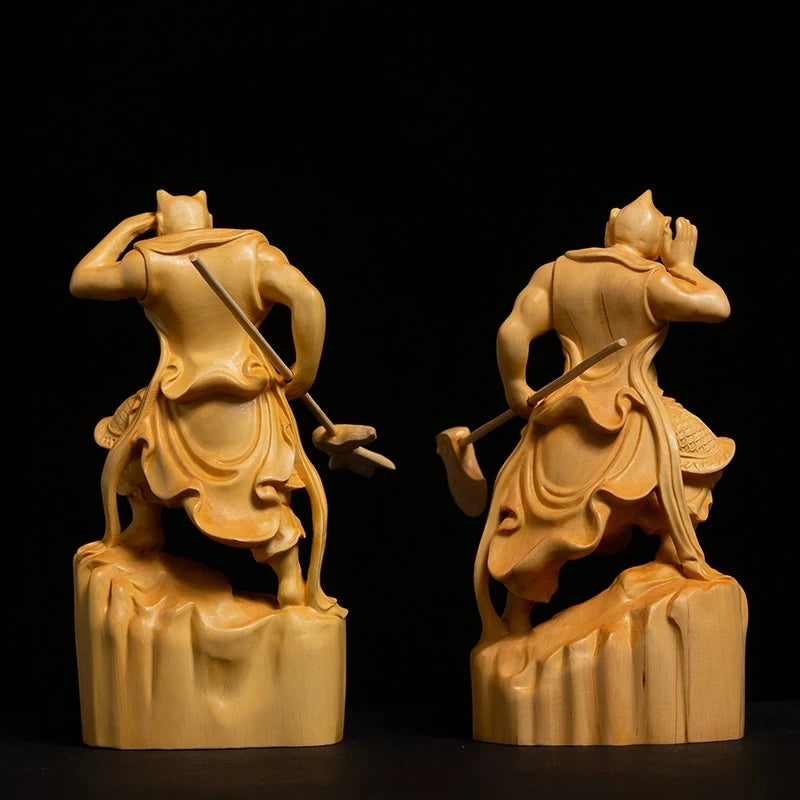 Boxwood carved door god sculpture, two fer-potency Buddha statue, giant guardians, home decoration, sh