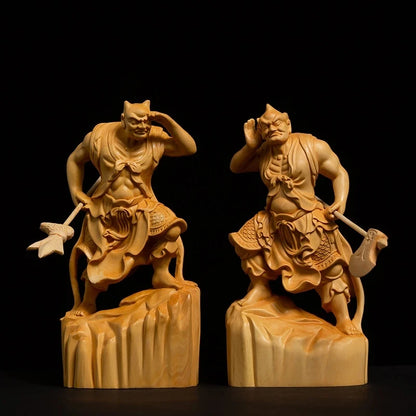 Boxwood carved door god sculpture, two fer-potency Buddha statue, giant guardians, home decoration, sh