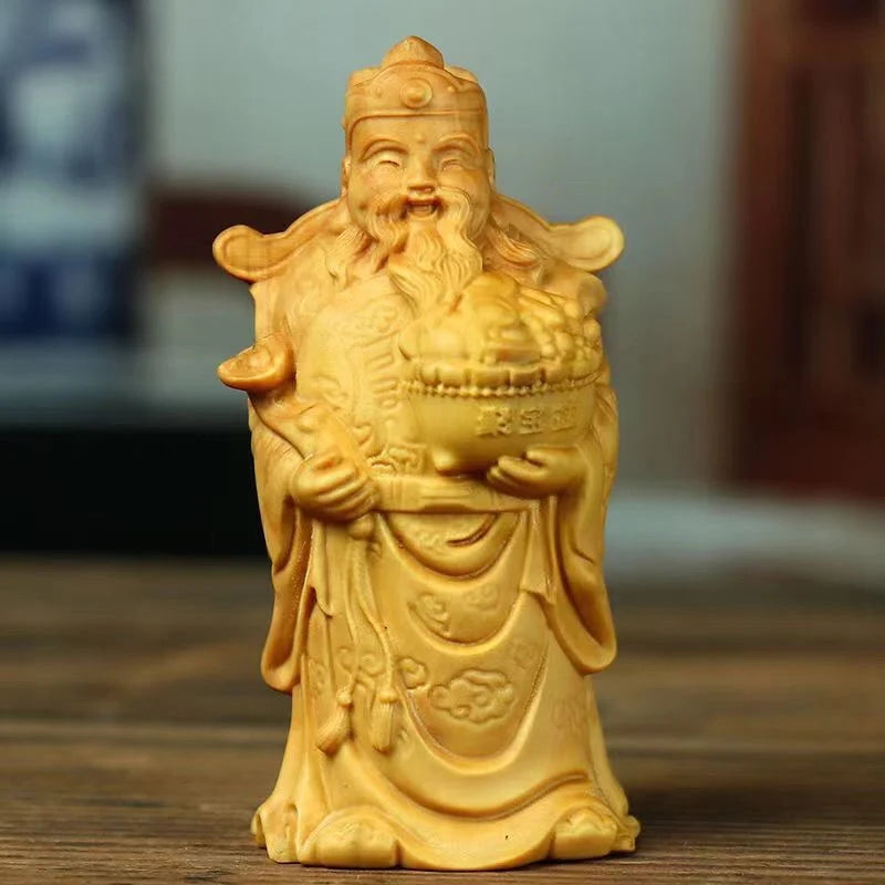 Boxwood carving God of wealth real wooden text play hand play piece bedroom living room home table decoration home decor