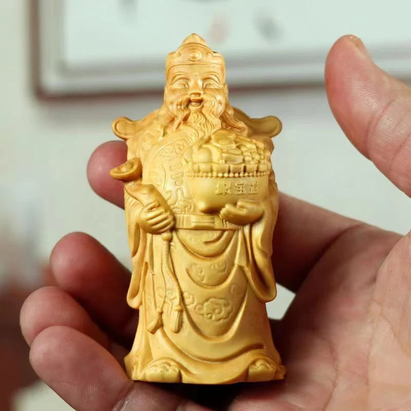 Boxwood carving God of wealth real wooden text play hand play piece bedroom living room home table decoration home decor