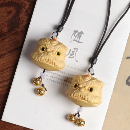 Boxwood carving awakens lion head China-Chic decoration handlebar car pendant auspicious animal mythical wild animal pendant