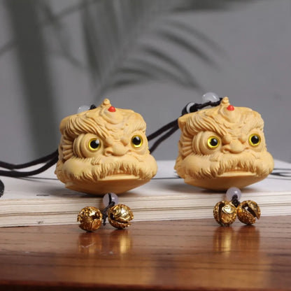 Boxwood carving awakens lion head China-Chic decoration handlebar car pendant auspicious animal mythical wild animal pendant
