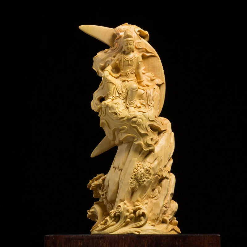 Boxwood carving image Solid wood home decoration crafts figure wood sculpture ornaments Water moon Avalokitesvara