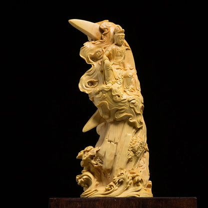 Boxwood carving image Solid wood home decoration crafts figure wood sculpture ornaments Water moon Avalokitesvara