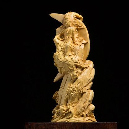 Boxwood carving image Solid wood home decoration crafts figure wood sculpture ornaments Water moon Avalokitesvara