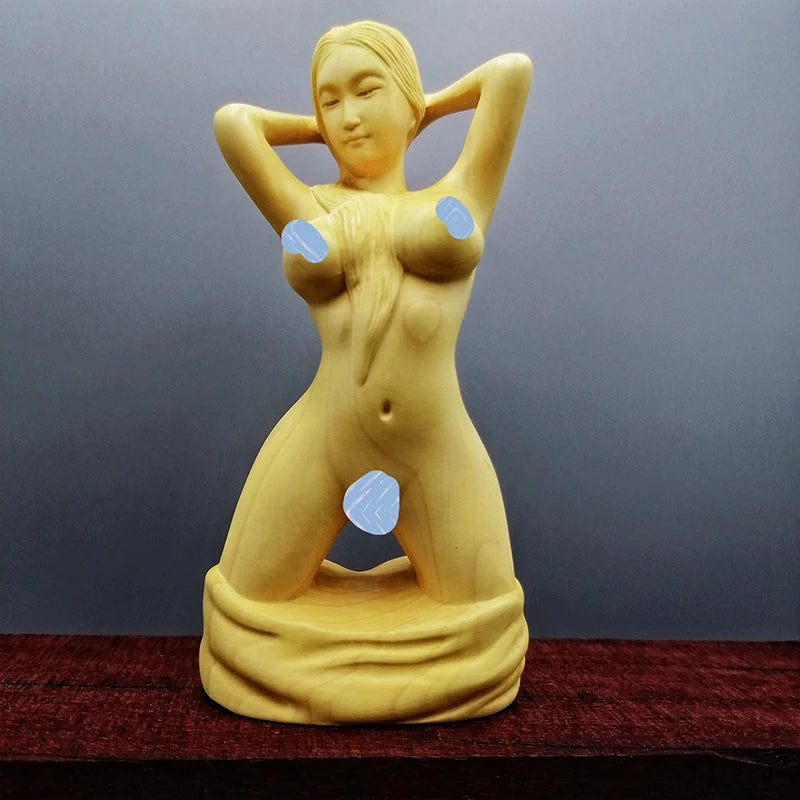 Boxwood carving kneeling beauty home decoration beauty figure decoration pieces play arts and crafts hand piece goddess