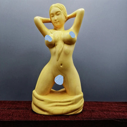 Boxwood carving kneeling beauty home decoration beauty figure decoration pieces play arts and crafts hand piece goddess