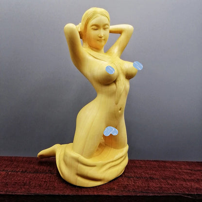 Boxwood carving kneeling beauty home decoration beauty figure decoration pieces play arts and crafts hand piece goddess