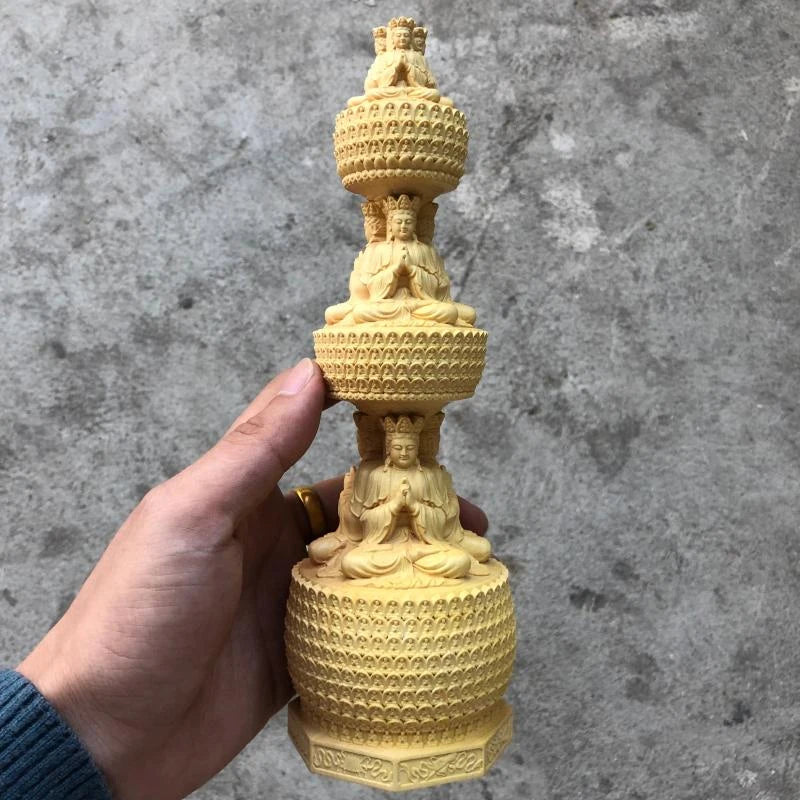 Boxwood carving like Tizang King Bodhisattva stupa Solid wood sculpture deity stupa Triple pagoda three-sided stupa decoration