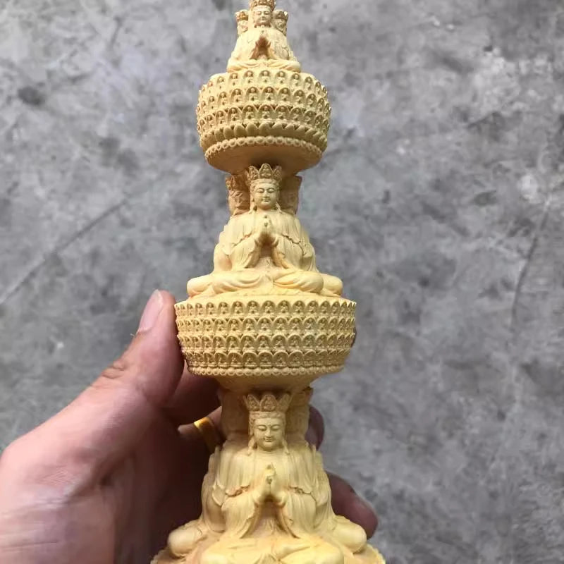 Boxwood carving like Tizang King Bodhisattva stupa Solid wood sculpture deity stupa Triple pagoda three-sided stupa decoration