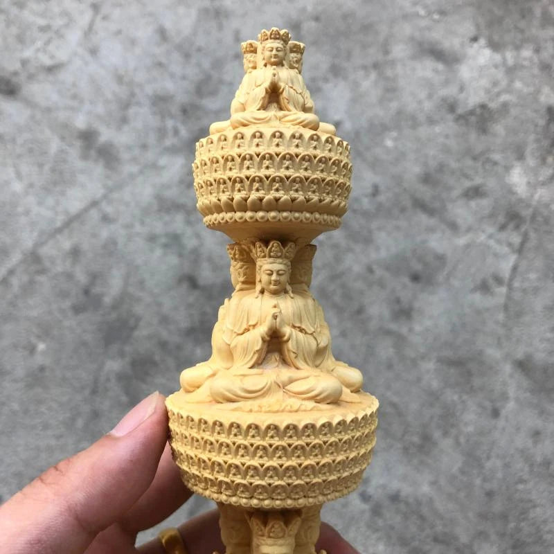 Boxwood carving like Tizang King Bodhisattva stupa Solid wood sculpture deity stupa Triple pagoda three-sided stupa decoration