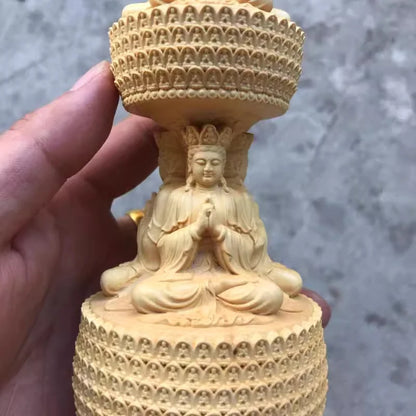 Boxwood carving like Tizang King Bodhisattva stupa Solid wood sculpture deity stupa Triple pagoda three-sided stupa decoration