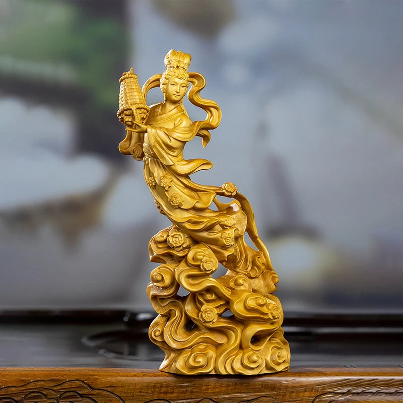 Boxwood carving like beauty Heaven and women scattered flower home ornaments ornaments statues solid wood wood sculpture