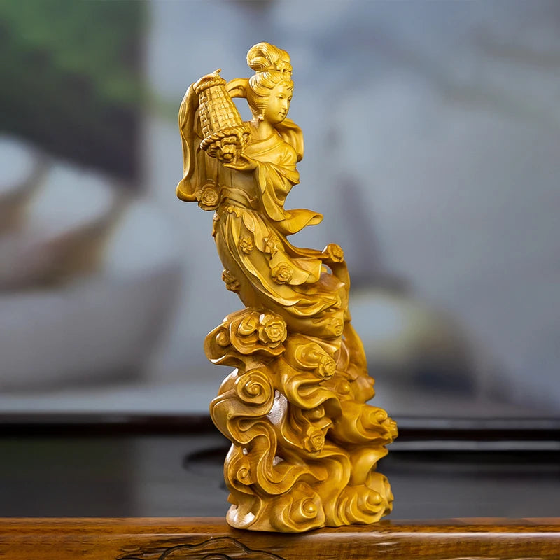 Boxwood carving like beauty Heaven and women scattered flower home ornaments ornaments statues solid wood wood sculpture