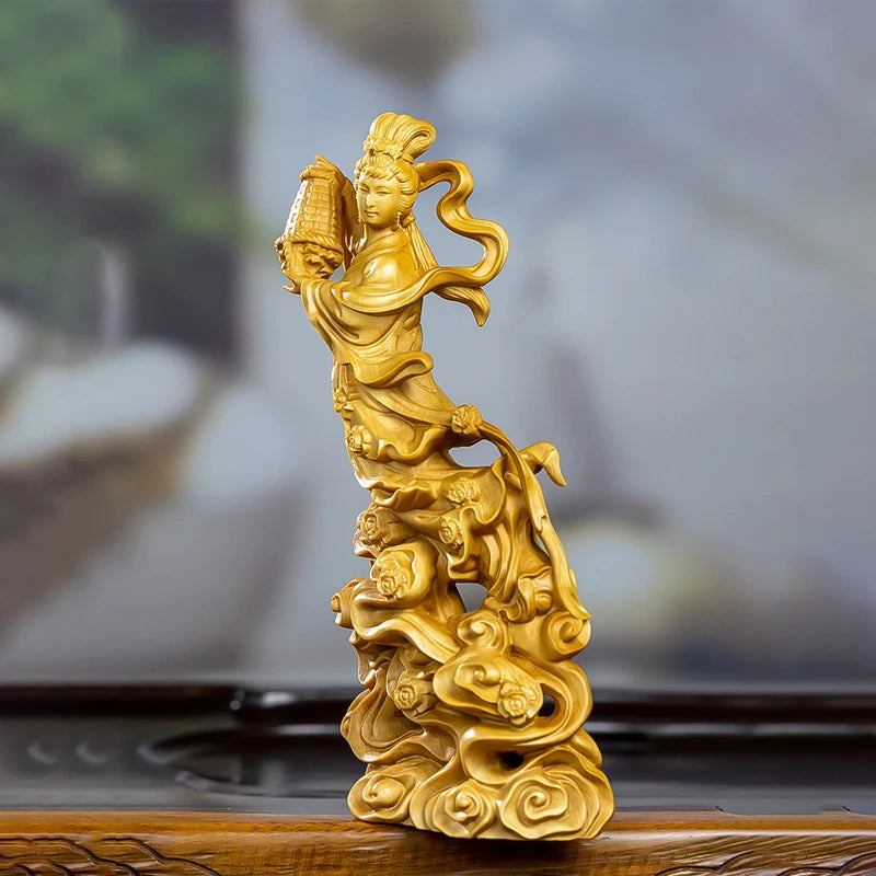 Boxwood carving like beauty Heaven and women scattered flower home ornaments ornaments statues solid wood wood sculpture