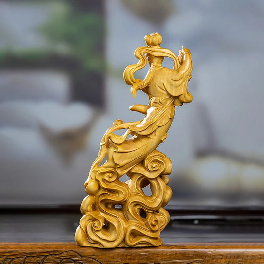 Boxwood carving like beauty Heaven and women scattered flower home ornaments ornaments statues solid wood wood sculpture