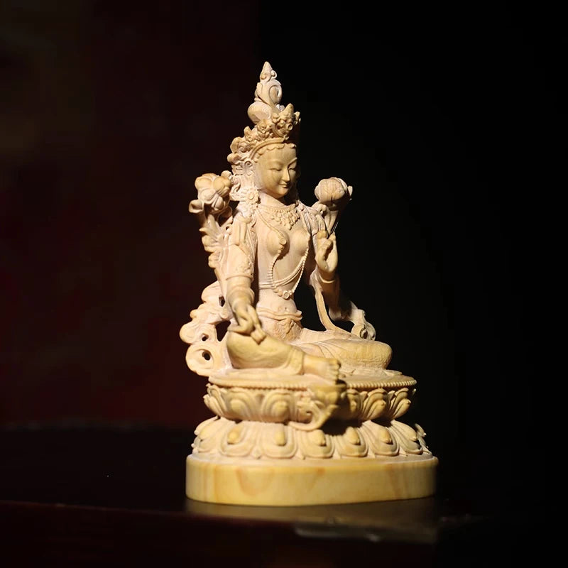 Boxwood solid wood green Tara wood carving like Guanyin Bodhisattva hand piece home decoration pieces