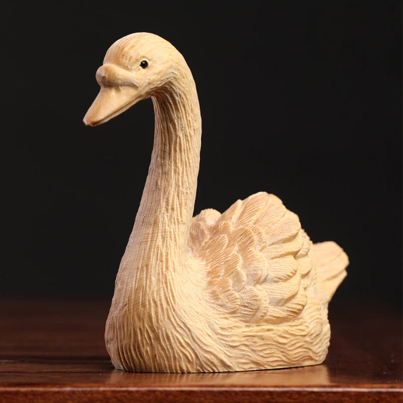 Boxwood wood statue Animal sculpture Solid wood swan decoration handlebar home decoration tabletop crafts