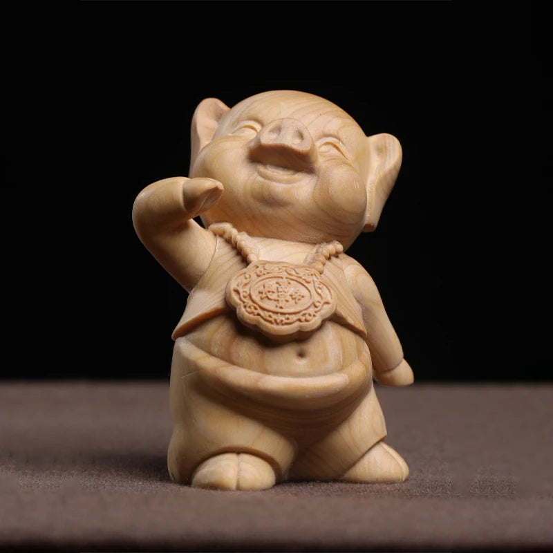 Boxwood wooden statue wealth and longevity cute zodiac pig hand decoration piece home decoration solid wood wood sculpture