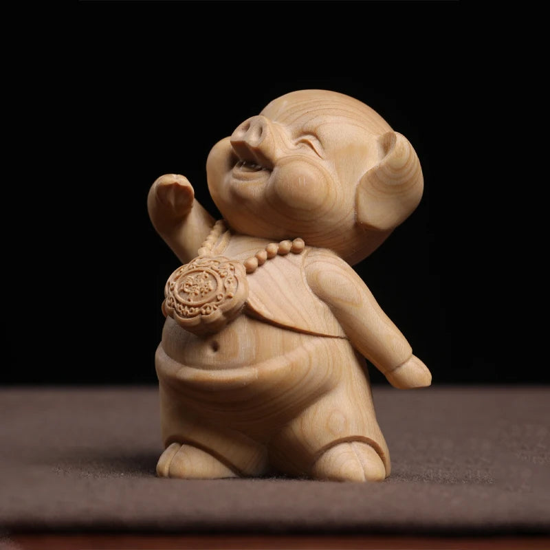 Boxwood wooden statue wealth and longevity cute zodiac pig hand decoration piece home decoration solid wood wood sculpture