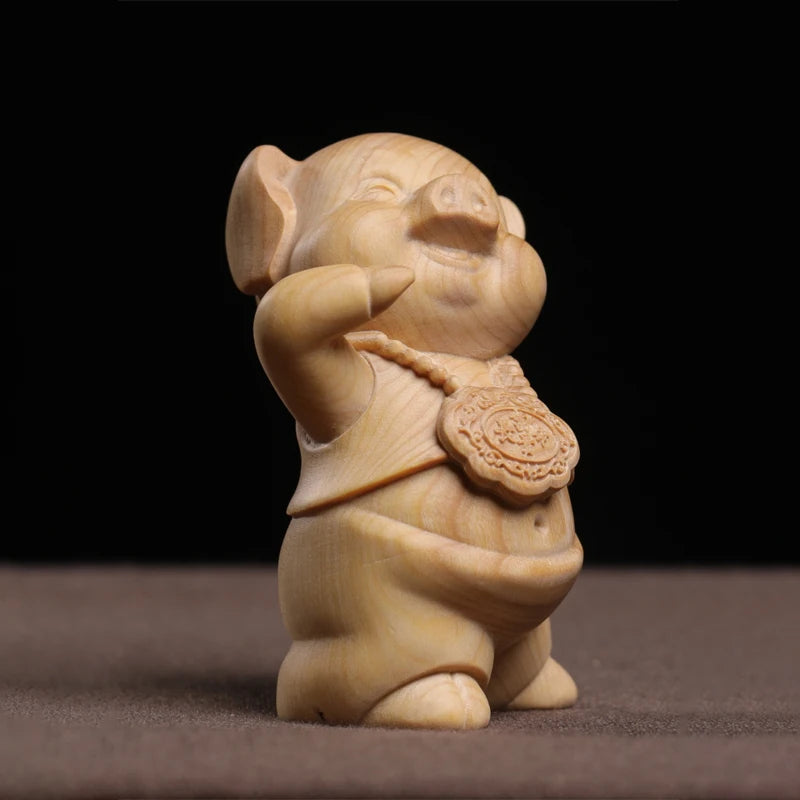 Boxwood wooden statue wealth and longevity cute zodiac pig hand decoration piece home decoration solid wood wood sculpture