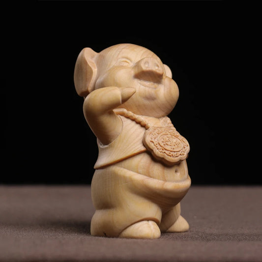 Boxwood wooden statue wealth and longevity cute zodiac pig hand decoration piece home decoration solid wood wood sculpture