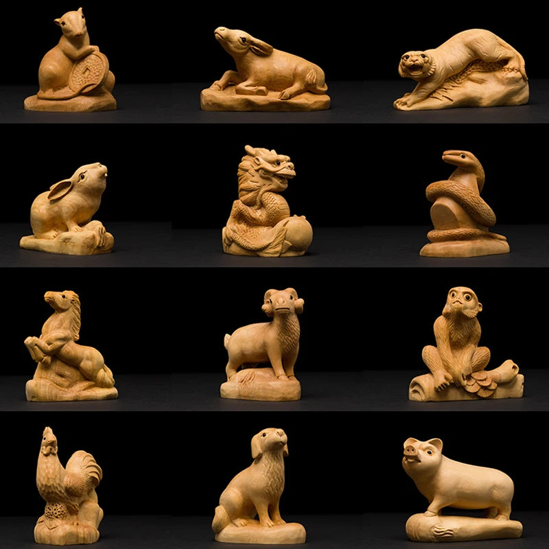 Boxwood wooden statues Rat Ox Tiger rabbit dragon snake horse sheep monkey chicken dog pig family decoration zodiac