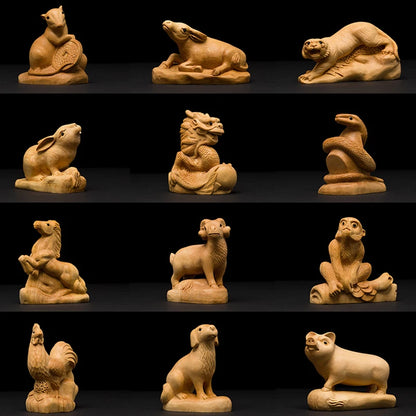 Boxwood wooden statues Rat Ox Tiger rabbit dragon snake horse sheep monkey chicken dog pig family decoration zodiac