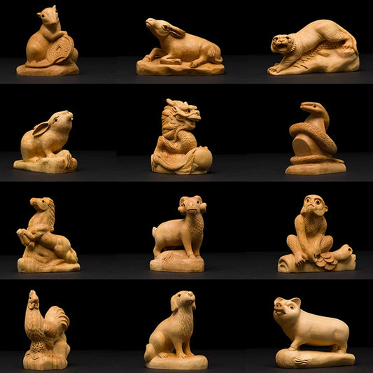 Boxwood wooden statues Rat Ox Tiger rabbit dragon snake horse sheep monkey chicken dog pig family decoration zodiac