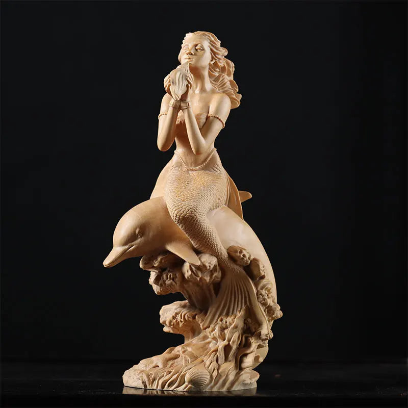 Boxwood18cm Mermaid Room Decoration Beauty Figure Wood Statue Fairy Crafts Office Lucky Sculpture Mermaid Home Decor