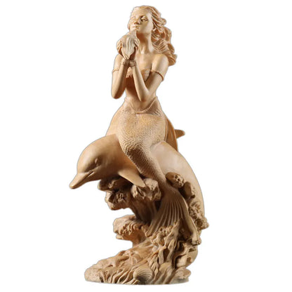 Boxwood18cm Mermaid Room Decoration Beauty Figure Wood Statue Fairy Crafts Office Lucky Sculpture Mermaid Home Decor