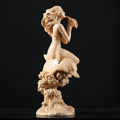Boxwood18cm Mermaid Room Decoration Beauty Figure Wood Statue Fairy Crafts Office Lucky Sculpture Mermaid Home Decor