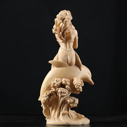 Boxwood18cm Mermaid Room Decoration Beauty Figure Wood Statue Fairy Crafts Office Lucky Sculpture Mermaid Home Decor