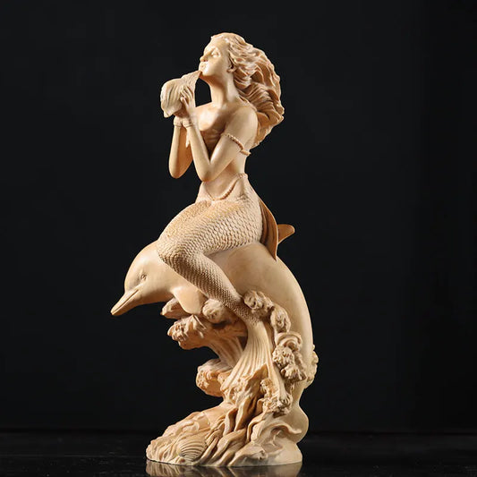 Boxwood18cm Mermaid Room Decoration Beauty Figure Wood Statue Fairy Crafts Office Lucky Sculpture Mermaid Home Decor