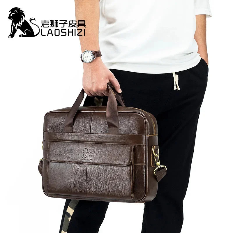 Brand 14 Inches Laptop s Large Capacity Shoulder Fashion Genuine Leather Business Men Briefcase Messenger Bag Handbag