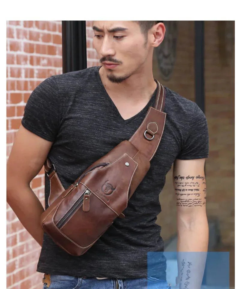 Brand Genuine Leather Chest Fashion Shoulder Crossbody 100% Cowhide Men's Casual Prethoracic Satchel Bag