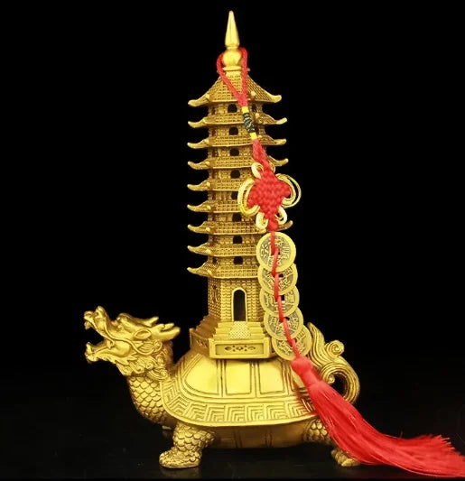 Brass Feng Shui Statue Dragon Turtle Wenchang Pagoda Home Office Decoration Attract Academic Luck Education Tower Figurine