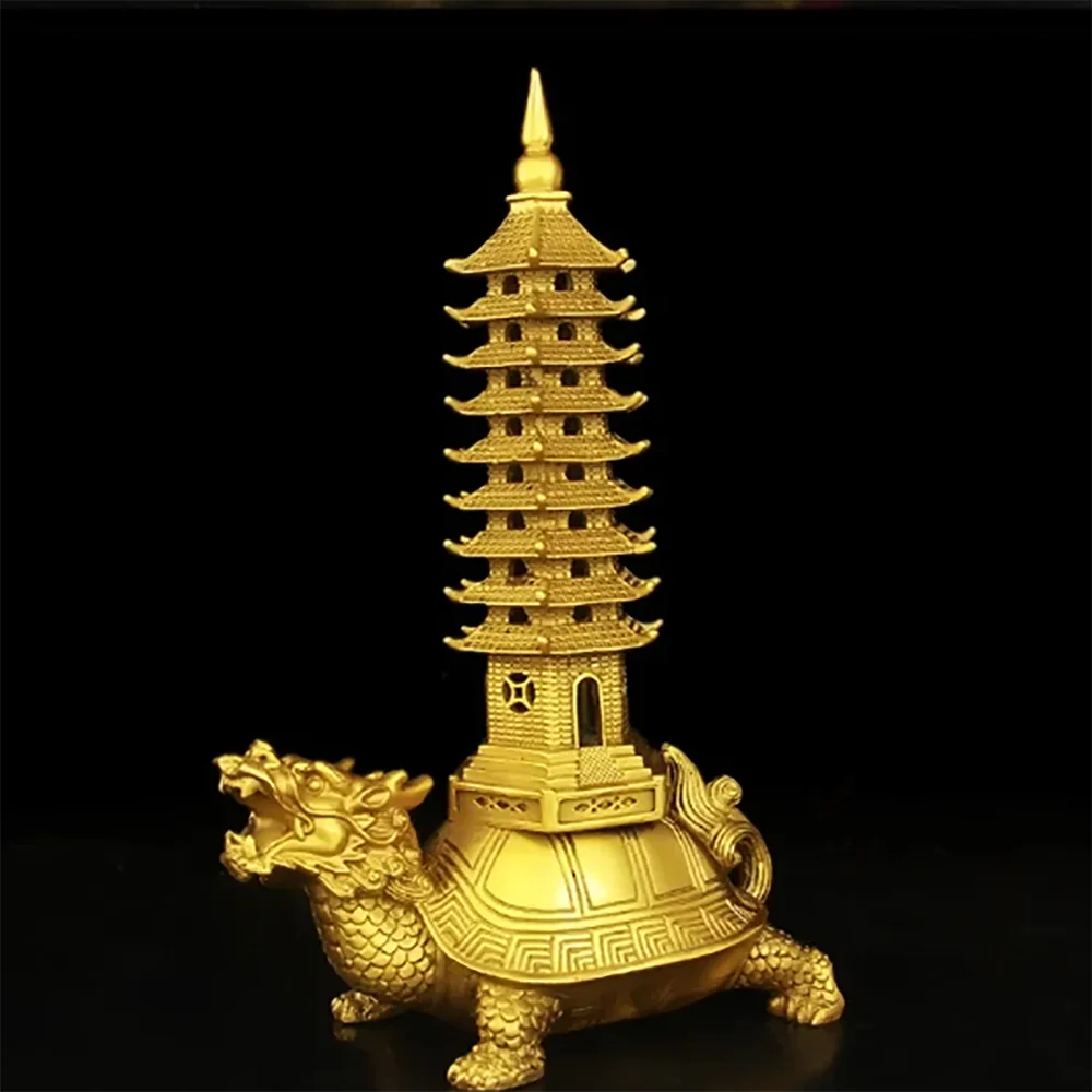 Brass Feng Shui Statue Dragon Turtle Wenchang Pagoda Home Office Decoration Attract Academic Luck Education Tower Figurine