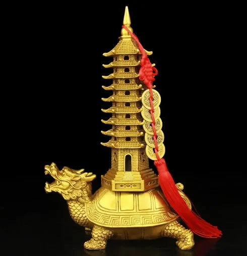 Brass Feng Shui Statue Dragon Turtle Wenchang Pagoda Home Office Decoration Attract Academic Luck Education Tower Figurine