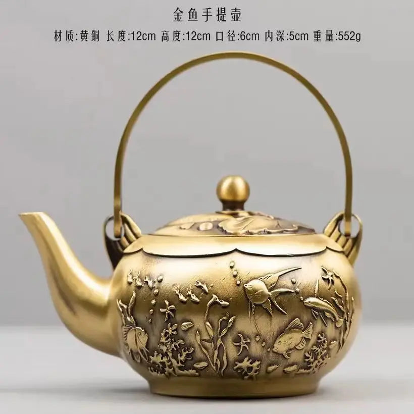 Brass Float Carved Flower Tea Pot Water Pot Chinese Tea Pot Crafts Tea Ceremony Set