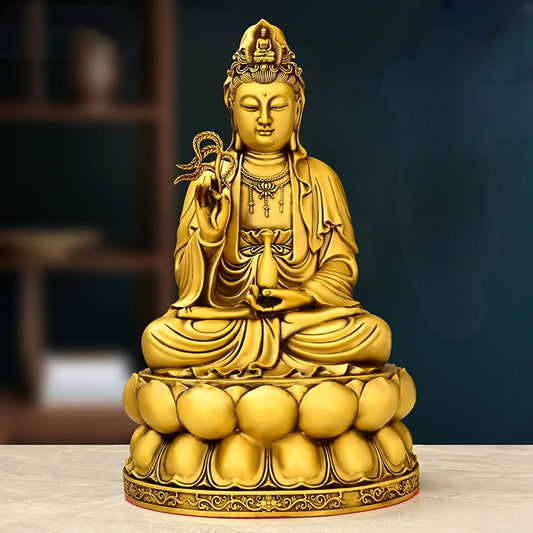 Brass Guanyin Bodhisattva Ornaments Chinese Style Home Decor Foyer Living Room  Ancestral Hall Buddha Statue Worship