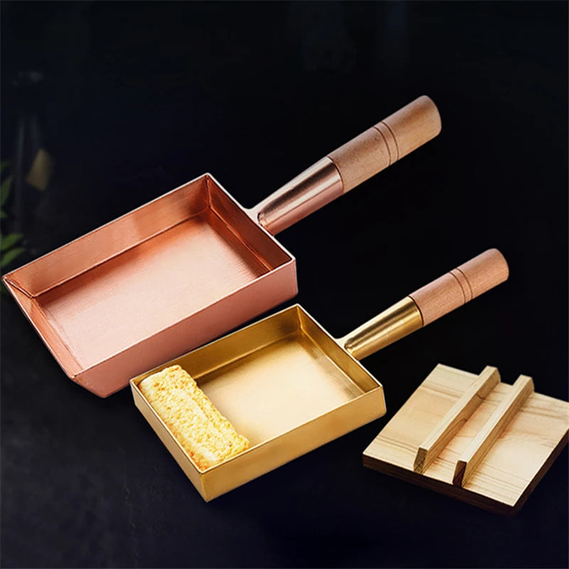 Brass baking tray Copper frying pan Square pan with wooden handle Copper Pot pancake pan Japanese style Yuzi braised copper pot