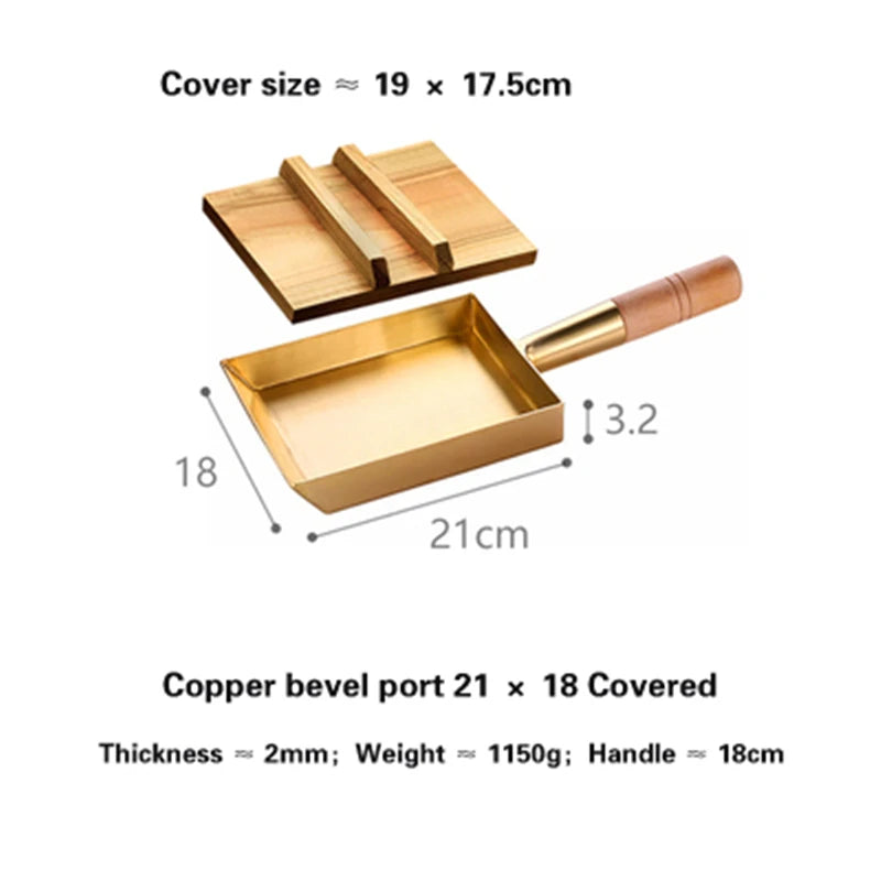 Brass baking tray Copper frying pan Square pan with wooden handle Copper Pot pancake pan Japanese style Yuzi braised copper pot